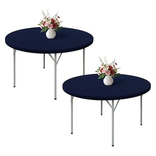 Wolkemer 2 Pack 5ft Fitted Round Tablecloth 60 Inch Elastic Table Cloth - Navy Spandex Stretch Table Cover, Machine Washable Table Cloth, Topper Cap for Wedding Party Picnic Dining Indoor Outdoor