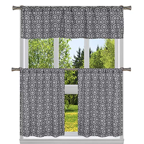 Duck River Textile Floral Kitchen Curtain & Tier Set, Grey, 29x36 (2 Pieces) 58x15 (1 Piece)