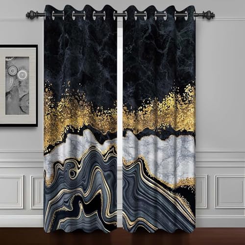 "Black Gold Gray Luxury Blackout Curtains 63 inches Long,2 Panels 42""Wx63""L - Room Darkening Window Curtains,Polyester Thermal Insulated Drapes,Grommet Window Drapes,for Bedroom Living Room Dining Room"