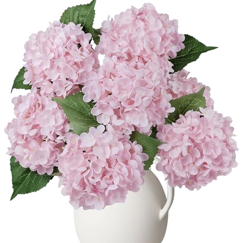 AOLOSA 6PCS Premium Pink Hydrangea Artificial Silk Flowers, Lifelike Fake Hydrangea Head with Stems, Faux Floral Arrangements for Wedding Bouquets, Home Table Centerpieces, Party Decoration