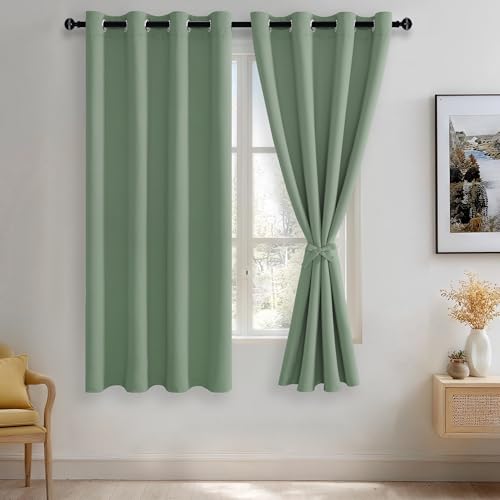 JIUZHEN Light Sage Blackout Curtains with Tiebacks Thermal Insulated, Light Blocking and Noise Reducing Grommet Curtains for and Living Room, Set of 2 Window Curtain Panels, 52 x 63 Inch Length