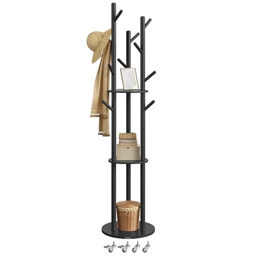 VASAGLE Freestanding Coat Rack Stand, Coat Tree with 11 Hooks, 3 Shelves, 4 Removable Wheels, for Hallway, Bedroom, Living Room, Ink Black RCR023B01