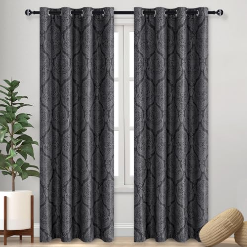 DWCN Blackout Curtains for Bedroom - 84 inch Damask Patterned Thermal Insulated Energy Saving Grommet Curtains for Living Room, 1 Pair Window Curtain Panels, 52 x 84 Inches Long, Black