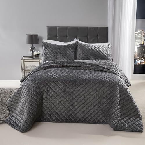 Emma Barclay Regent Quilted Soft Touch Velvet Bedspread Set in Silver - Double Bed
