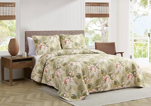 Tommy Bahama Reversible Floral Bedding with Matching Shams, Home Decor Seasons, Cotton, Green, King