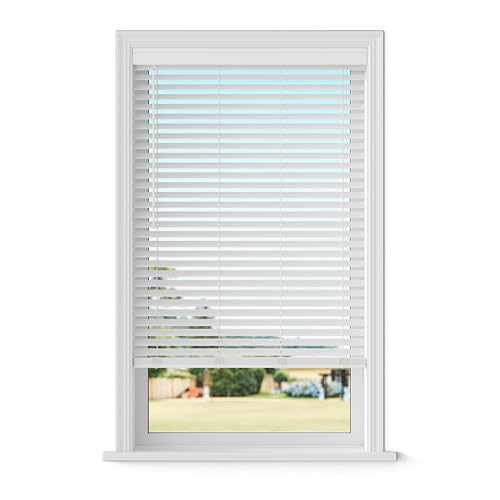"Lumino 2-inch Contemporary Faux Wood Cordless Room Darkening Blind for Windows - Starting at $19.97 - (Over 900 Custom Sizes) Faux Wood Blinds, Window Blinds Cordless, White - 23"" W x 64"" H"