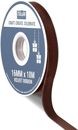 Italian Options Velvet Ribbon, Luxury, Single-Face Velvet Ribbon for Crafting, Christmas, Bows, Hair, Cakes, Weddings, Ornaments, Gift Wrapping, Flowers, 16mm x 10 Metre Roll, Dark Brown