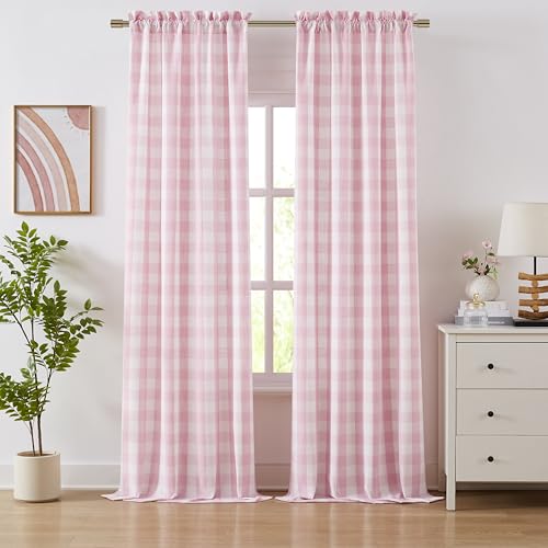 Bapawfish Buffalo Plaid Semi Sheer Curtains 95 Inches Length,Pink White Girls Room Rod Pocket Drapes,Farmhouse Window Treatment for Bedroom Living Room,Pink/White(Pack of 2)