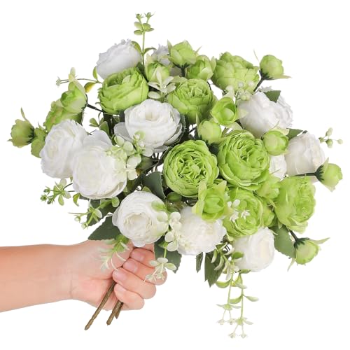 Floweroyal 2 Bunches Peony Artificial Flowers Green Flowers Silk Peonies Bouquets for Wedding Party Table Centerpieces Floral Arrangement Home Kitchen Decor
