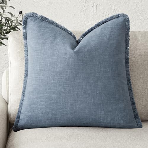 Foindtower Decorative Linen Fringe Throw Pillow Covers Cozy Boho Farmhouse Cushion Cover with Tassels Accent Pillowcase for Chair Sofa Bed Living Room Home Decor, 22??22 Inch,1PC,Misty Blue