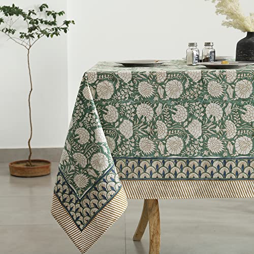 Labhanshi Turquoise Green, Old Moss Green and White Indian Floral Hand Block Printed Cotton Cloth Tablecloth, Table Cover, Farmhouse Wedding Christmas 72x108 Inch