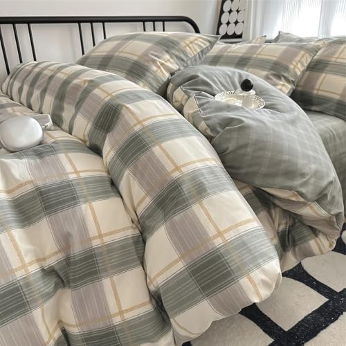 "VM VOUGEMARKET Green Gingham Comforter Set Full,3 Pieces Plaid Comforter with 2 Pillowcases for Men Boys Simple Modern Bedding Set (80""x90"")"