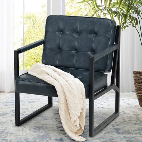 COLAMY Mid Century Modern Accent Chair Set of 1, Comfy Living Room Armchair with Metal Legs, Faux Leather Reception Arm Chair for Living Room Bedroom Reception Office, Blue