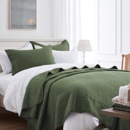 "SunStyle Home Quilt Set Queen Olive Green Lightweight Bedspread Full Soft Reversible Coverlet for All Season 3pcs Army Green Square Quilted Quilted Bedding Sets (1 Quilt 2 Pillow Shams)(90""x96"")"