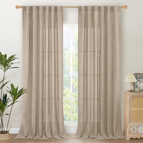 YoungsTex Dark Oatmeal Linen Curtains 102 Inch Length for Living Room, Long Semi Sheer Drapes with Rod Pocket Back Tab Light Filtering for Office Dining Bedroom, 2 Panels, 52 X 102 Inch