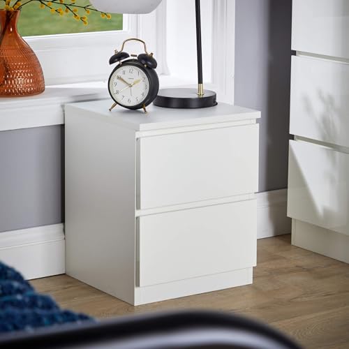 Home Source Bedside Nightstand, High Gloss Finish Bedroom Cabinet, Side Chest Lamp Table, 2 Drawer, White