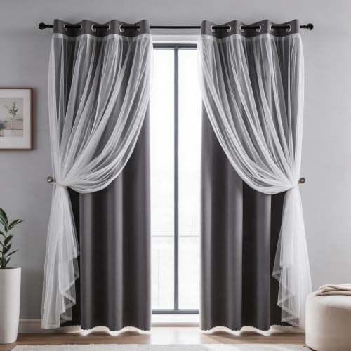 indistar Home Blackout Curtains Double Layer Solid Sheer Grommet Top Window Curtain Panel Pair, 52Wx95L,Grey
