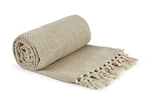 Emma Barclay Herringbone - Recycled Cotton Patterned Chair Sofa Setee Bed Throw Over Blanket in Natural - 90x100 (228x254cm)