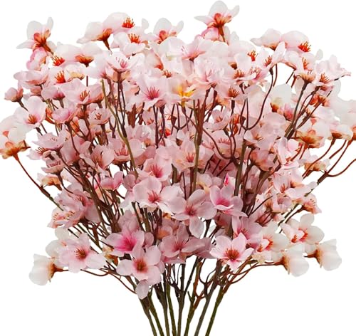 Uieke 24Pcs Artificial Cherry Blossom Flowers, Silk Peach Flowers Faux Cherry Blossom Stems Vase Arrangements for DIY Home Wedding Party Table Decor, Pink