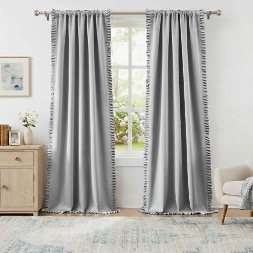 Jubilantex Grey Full Blackout Curtains with Ruffle Heavy Solid Thermal Insulated Window Treatment Set Soft Drapes for Bedroom Living Room Light Blocking Rod Pocket Curtain, 40Wx95L, 2 Panels