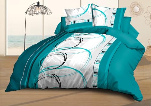 Le linge de Jules Duvet Cover 220 x 240 cm + 2 Pillowcases – Soft and Durable Microfibre – Easy Care – Turquoise