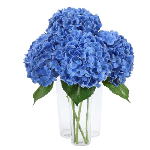 DuHouse 3Pcs Hydrangea Artificial Flowers Dark Blue - Latex Real Touch Hydrangeas with Long Stems & Leaves for Home Decor Party Floral Arrangements Wedding Bouquets Centerpieces