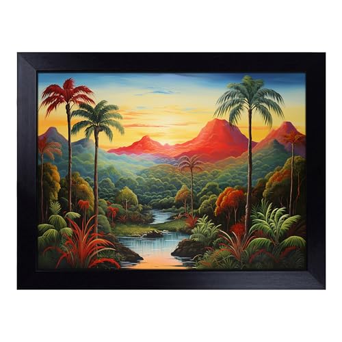 Lap Tray with Bean Bag Cushion, Jungle Landscape - Handmade in the UK, Raised Wooden Edge, Padded Cushion, Heat-Resistant Wipe-Clean Surface, for Meals, Laptops and Crafts