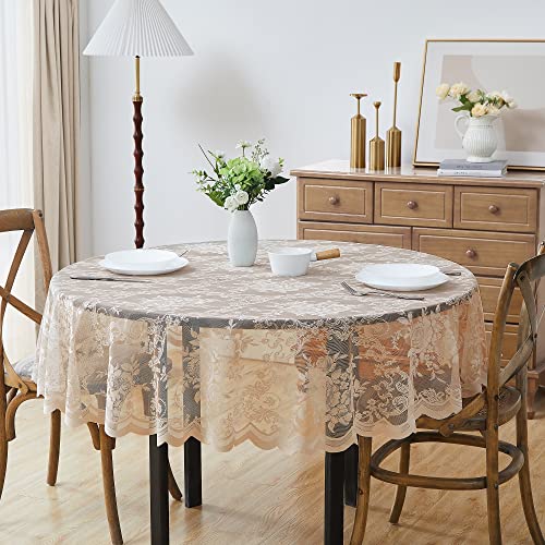 LinenZone Beautiful 90 Round Linen Lace Tablecloth. (Luna TC 90 R, Linen) - Rectangular, Square, Round and Oval Lace Tablecloths for Wedding, Birthday, Christmas, Thanksgiving, Easter or Baby Shower.