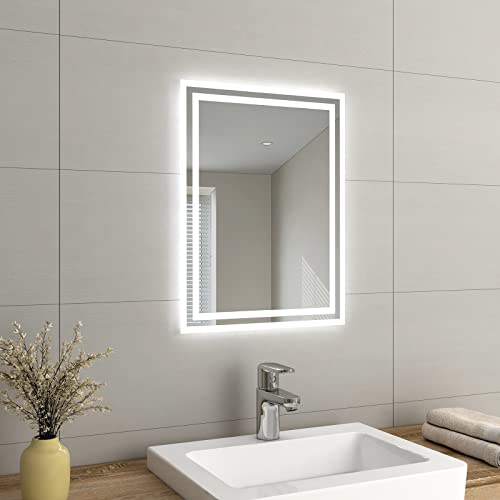 EMKE LED Small Bathroom Mirror 450x600mm, Wall Mounted Bathroom/Bedroom Vanity Mirror with LED Lights - Demister Pad, Easy Control Smart Mirror