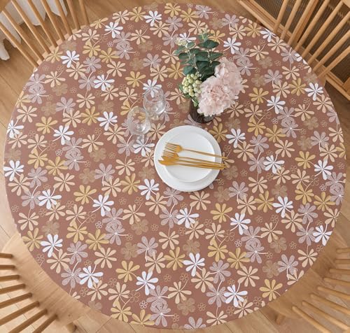 "Pioggia Round Vinyl Fitted Tablecloth with Flannel Backing Elastic Table Cloth Waterproof Oil-Proof Plastic Cover Best for 45""-56"" Round"