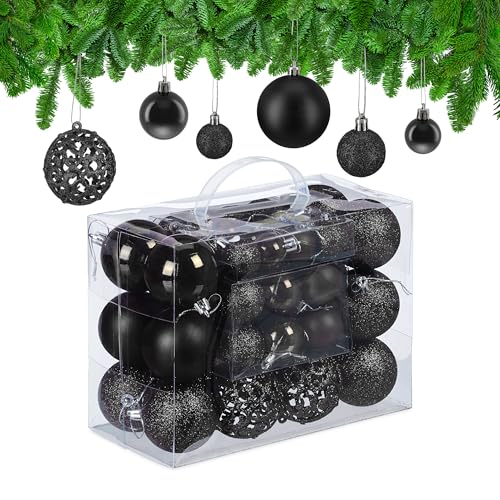 Relaxdays Christmas Bauble Set of 50, Glittery, Matt & Shiny Ornaments, Plastic Xmas Tree Balls, Ø: 3, 4 & 6 cm, Black