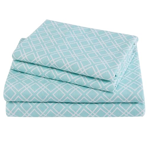 Comfort Spaces Cotton Flannel Breathable Warm Deep Pocket Sheets with Pillow Case Bedding, Full, Aqua Geo 4 Piece