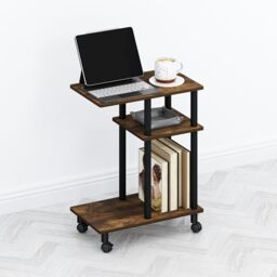 Furinno TOMI Side Table, 3-Tier C-Shape Open Shelf End Table with Wheels, Night Stand, Bedside Table, Toolless Assembly, for Living Room, Bedroom, Amber Pine/Black