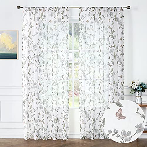 Tollpiz Sheer Floral Curtains Grey Flower Butterfly Printed Bedroom Curtain Rod Pocket Voile Faux Linen Window Curtains for Living Room, 54 x 63 inches Long, Set of 2 Panels