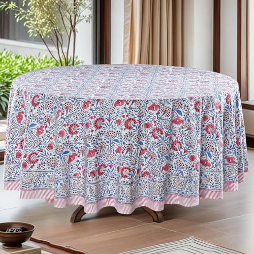 Ridhi Round Tablecloth Hand Block Print 100% Cotton Reusable Flamingo Pink 120 Inch Table Cover Decorative Everyday Use for Dining, Home, Party, Wedding, Farmhouse, Party Gift for Spring, Mother's Day