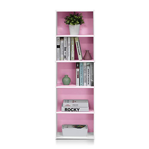 Furinno LUDER Book Shelf, 5-Cube Bookshelf, Bookcase with Open Shelf, 23.9 x 40.13 x 132.08 cm, for Living Room, Bedroom, Home Office, White/Pink