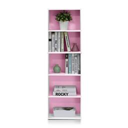 Furinno LUDER Book Shelf, 5-Cube Bookshelf, Bookcase with Open Shelf, 23.9 x 40.13 x 132.08 cm, for Living Room, Bedroom, Home Office, White/Pink