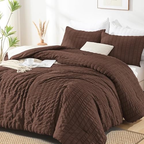 AveLom Brown Seersucker Twin Comforter Set (68x90 inches), 2 Pieces-100% Soft Washed Microfiber Lightweight Comforter with 2 Pillowcases, All Season Down Alternative Comforter Set for Bedding