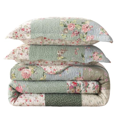 vctops Boho Patchwork Cotton Quilted Bedspread Quilt Set Queen Size 3 Pieces Soft Reversible Lightweight Coverlet Set Floral Print 1 Quilt and 2 Pillow Shams (Green D,Queen)