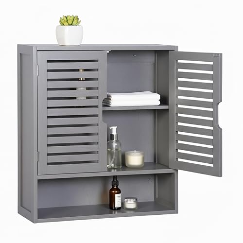 Relaxdays bathroom wall cabinet, 3 compartments, HWD: 66 x 59 x 21 cm, louvered doors, magnetic closure, slim, grey
