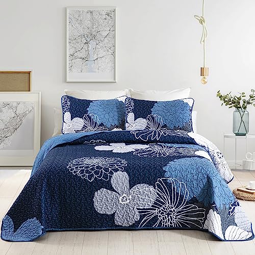 Anibedding Navy Blue Floral Quilts Set California King Size 3 Pieces Reversible Microfiber Coverlet Bedding Set with 2 Pillowcases, All Season Lightweight Quilted Flowers Pattern Bedspreads