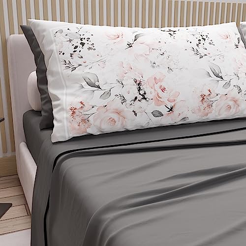 PETTI Artigiani Italiani - Double Bed Linen in Cotton with Pillowcases in Digital Print, for Double Bed, Complete Top and Bottom Sheet with Corners, Dark Grey, 100% Made in Italy