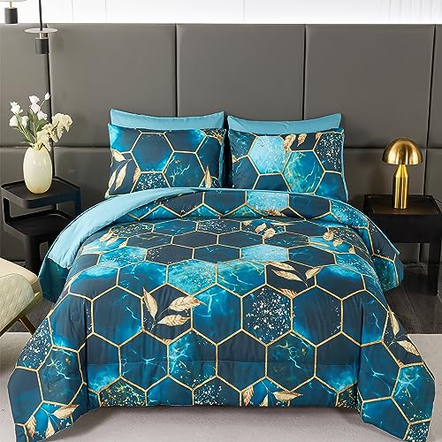 ANGIYUIN Teal Gold Bedding Set King Geometric Honeycomb Bedding Comforter Sets, 7Pcs Hexagon Watercolor Bed in A Bag, Marble Foil Print Bed Sets with Sheets Pillowcases (Teal King)