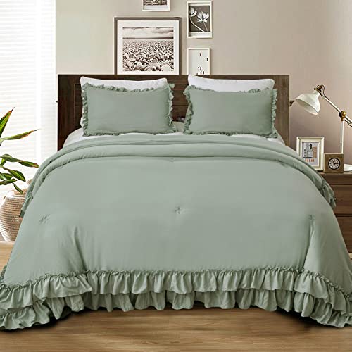 Masaca Green Ruffle Comforter Set Queen,Vintage Farmhouse Shabby Ruffled Chic Bedding Comforter,Rustic Aesthetic Bedding 3 Pieces Women Girls Bedroom Vintage Bed Comforter