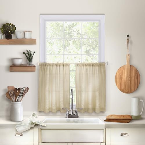 "Elrene Home Fashions Cameron Linen Tier Curtains, 30"" W x 24"" L Each (Set of 2 Tiers), Linen"