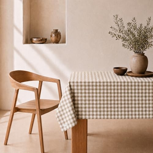 svet Stain-Resistant Tablecloth, Extra Soft Fabric, Rectangular Table, Waterproof Cotton, 140 x 300 cm (Vichy Beige Chequered)