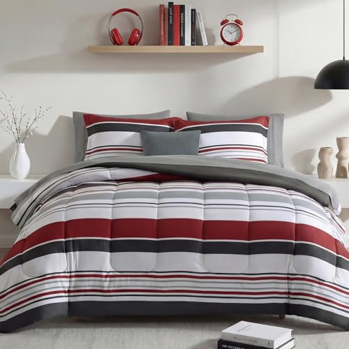 Monbix Full Comforter Set - 7 Pieces Bed in a Bag Full, Red and Black-Stripe Bedding Sets, All Seasons Down Alternative Comforter Bed Set with Sheets, Pillowcases & Shams