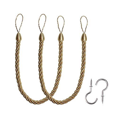 Curtain Ropes Tie Backs, Long Ropes with 2 Metal Screw Hooks, Set of 2 Golden