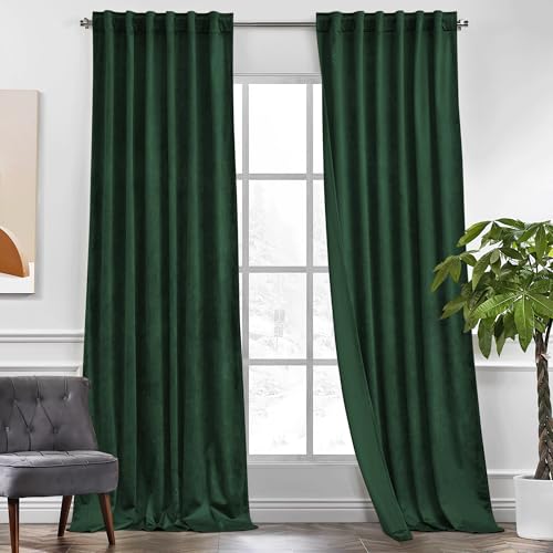 KGORGE Velvet Curtains Green Blackout 96 inches 2 Panels for Bedroom - Soft Darkening Thermal Insulating Window Drapes for Living Room Home Office, Back Tab Rod Pocket, Hunter Green, W 52 x L 96