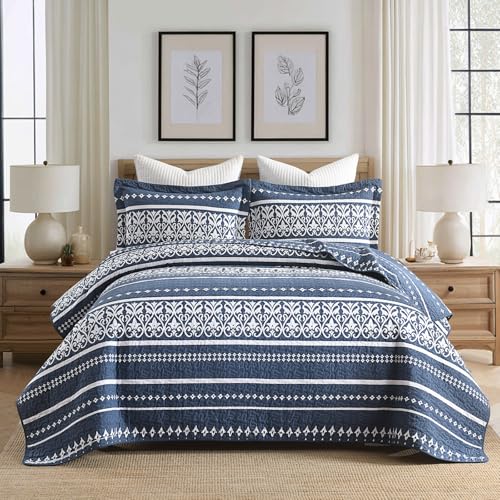 BCOTTOND 100% Cotton Boho Striped Quilt Set Queen Size, Navy Blue & White - Navy Blue Quilts, Striped Bedding, Bohemian Coverlet, Lightweight Comforter with Shams, All Season, 3 Piece(Navy White,90x98)